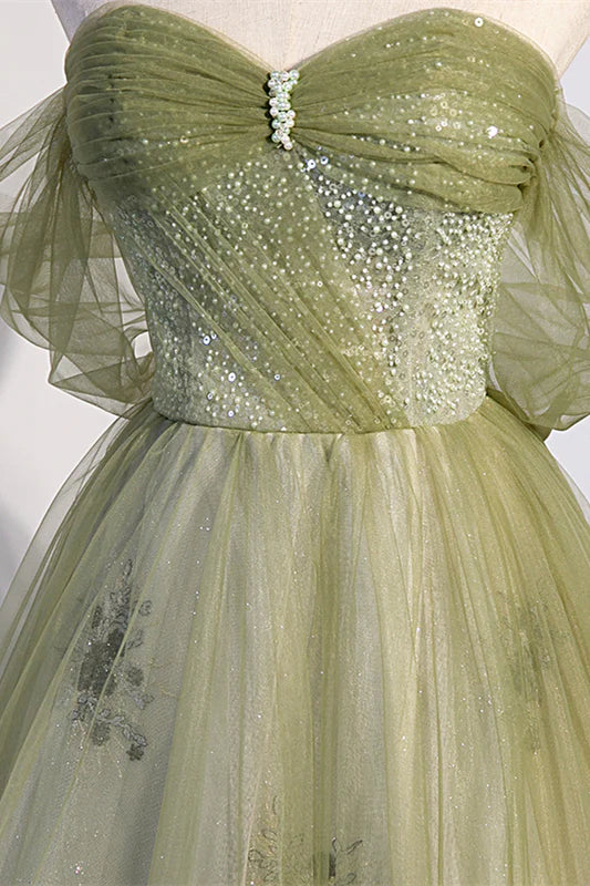 Robe Weitese à épaules dénudées en tulle vert, coupe trapèze, longue robe de soirée, robe de bal